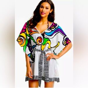 Trina Turk Aquarius Print Kimono Caftan Beach Cover Up dress  Cotton Silk M NWOT